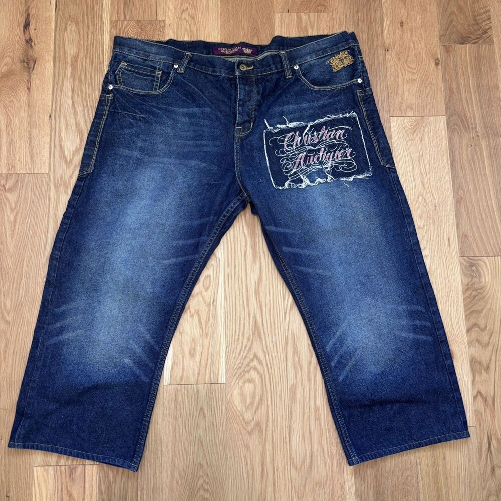 Vintage Rare Y2K Christian Audigier Embroidered Baggy Jorts Jeans
